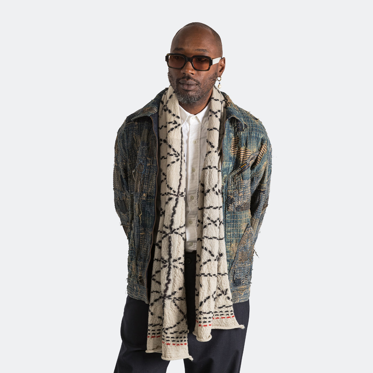 Kapital Fulling Wool HAPPY Scarf SASHIKO - Ecru | UP THERE