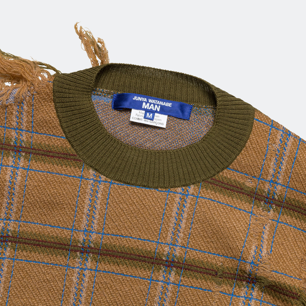 JUNYA WATANABE 変形ニット タータンチェック Junya Watanabe MAN Distressed Check Crewneck - Camel/Blue | UP THERE