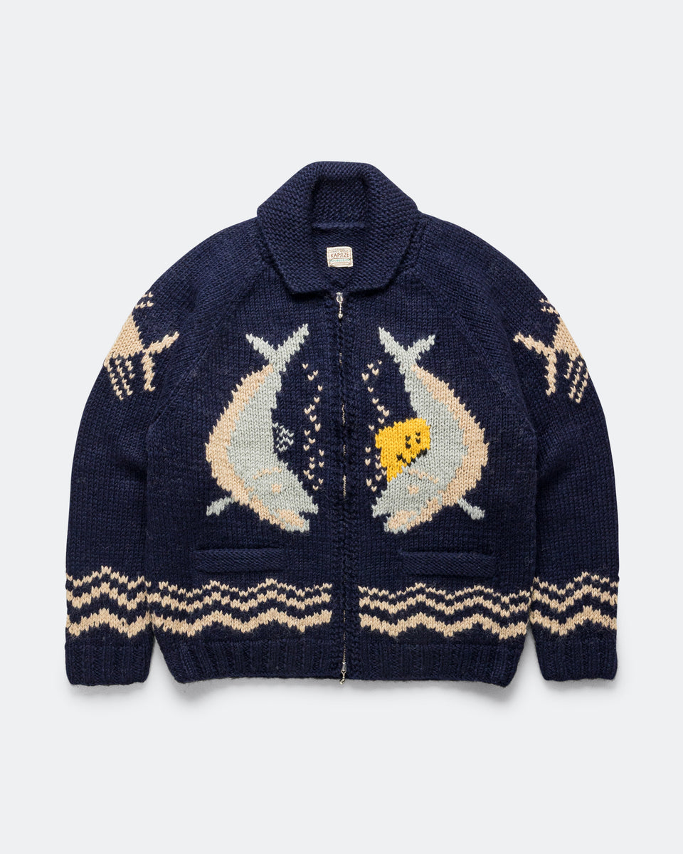 Kapital - Hand Knit PECKISH TROUT ZIP Cardigan - Navy | UP THERE