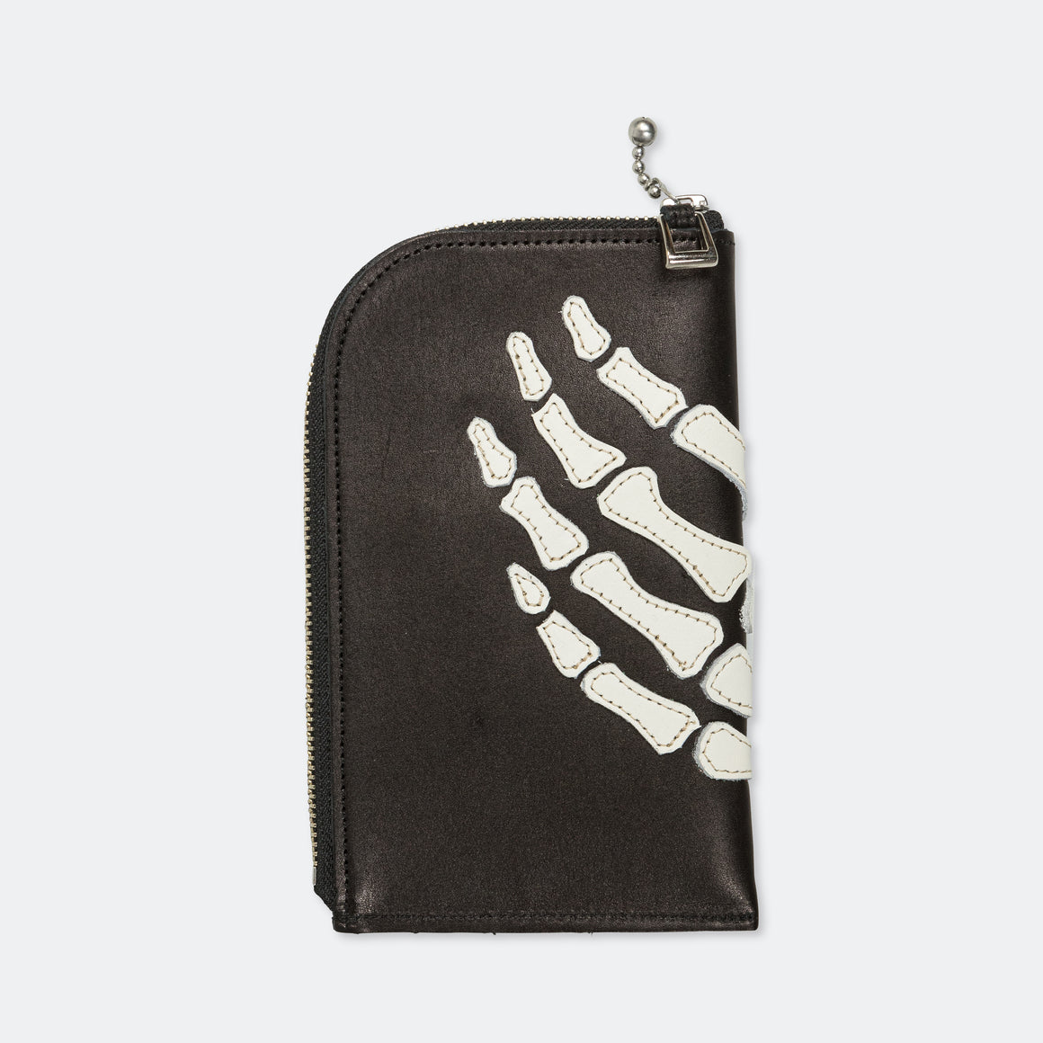 Leather THUMBS-UP BONE HAND ZIP Neck Pouch - Black