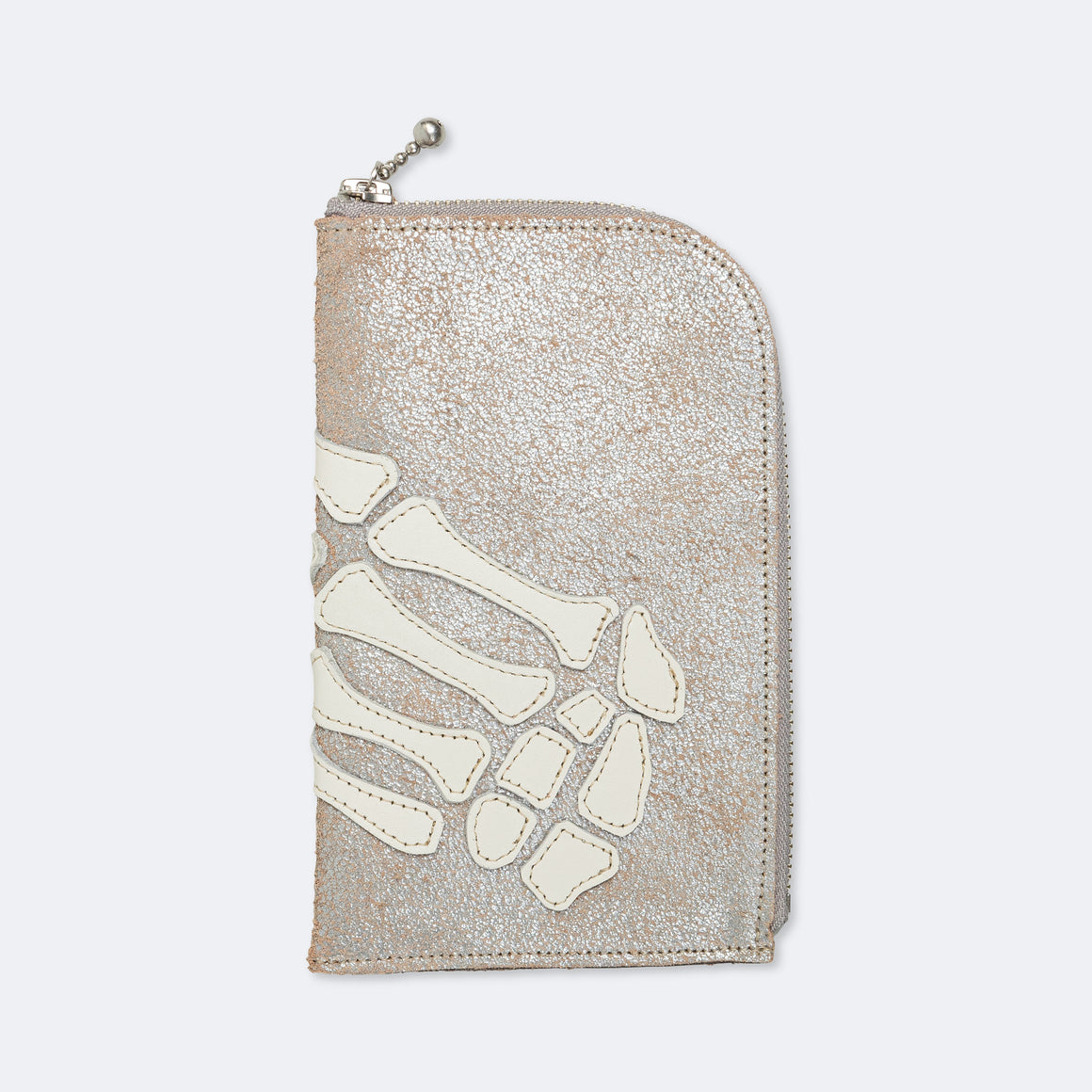 Crack Leather THUMBS-UP BONE HAND ZIP Neck Pouch - Silver