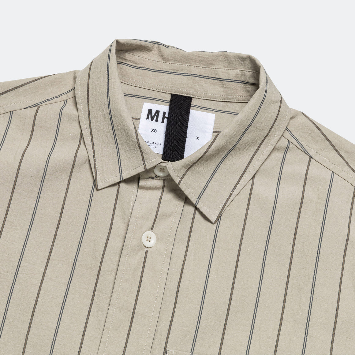 MHL. - Overall Shirt - Stone/Navy Wide Stripe Cotton Linen - UP THERE