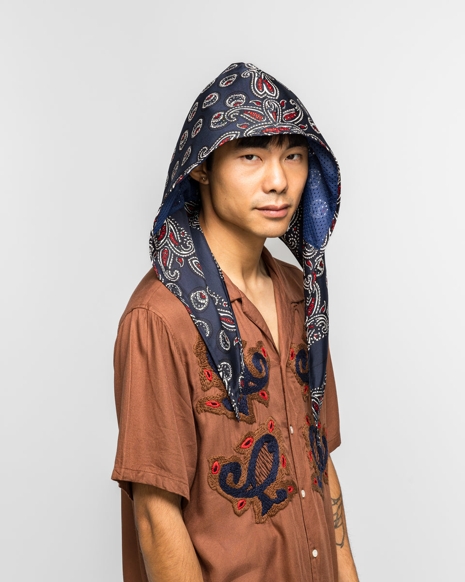NOMARHYTHM ノーマリズム Hoody Scarf フーディスカーフ NOMARHYTHM TEXTILE - Paisley Silk Hoody Scarf - Navy | UP THERE