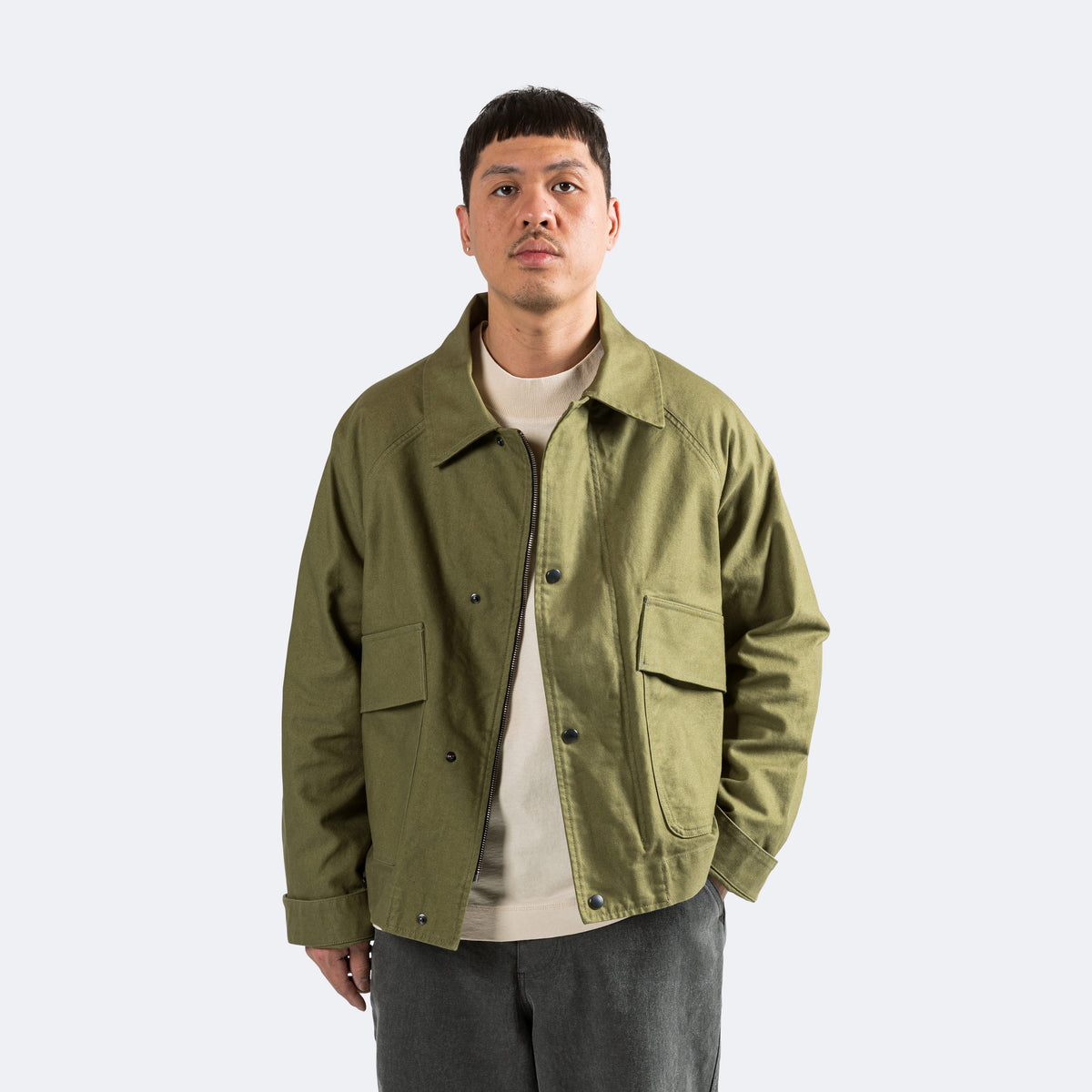 Cropped Worker Jacket - Army Green Dense Cotton Drill