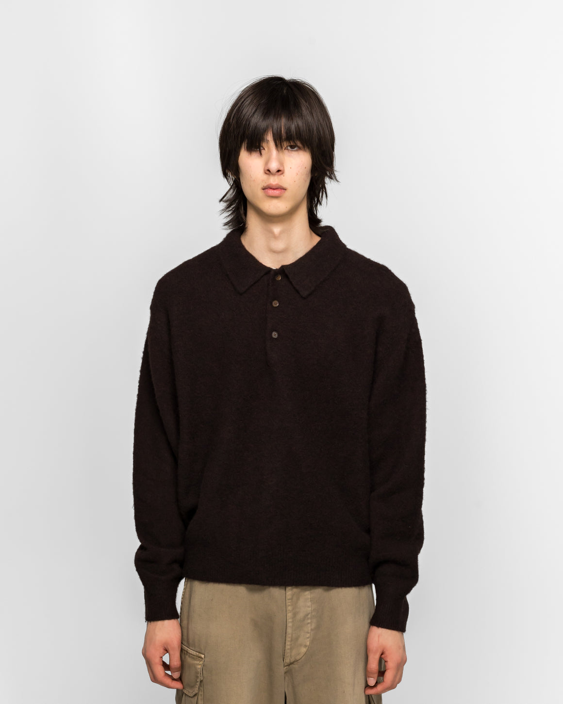 A.PRESSE - Brushed Cashmere Middle Gauge Polo Collar Sweater - Brown - UP THERE