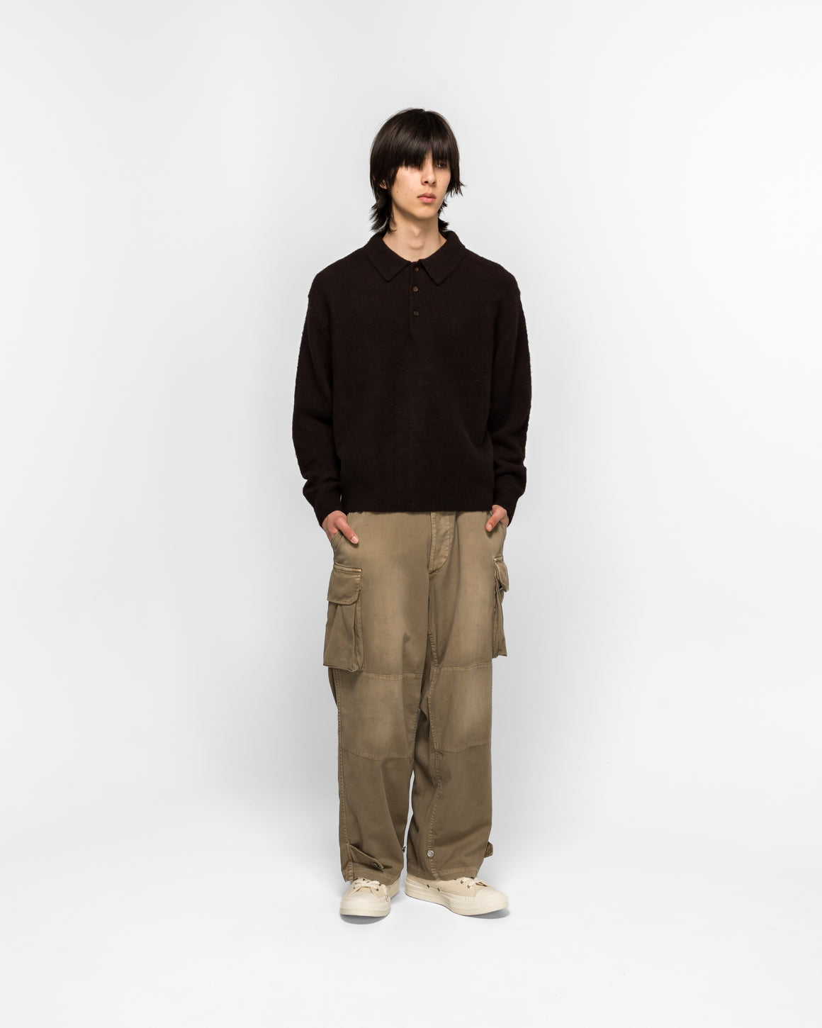 A.PRESSE - Brushed Cashmere Middle Gauge Polo Collar Sweater - Brown - UP THERE