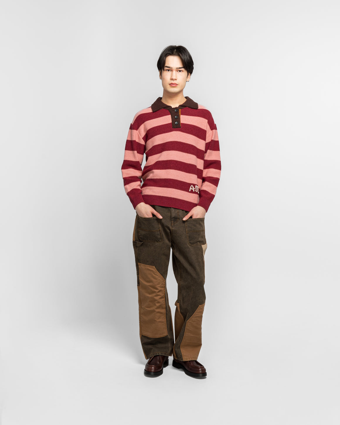 Andersson Bell - Loose-Fit Stripe Collar Sweater - Pink/Red White - UP THERE