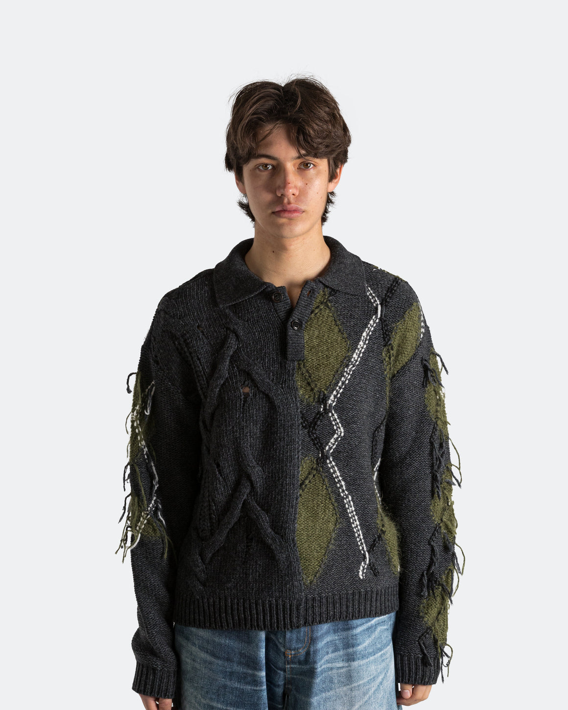 Andersson Bell - Argyle Fisherman Polo Sweater - Charcoal - UP THERE