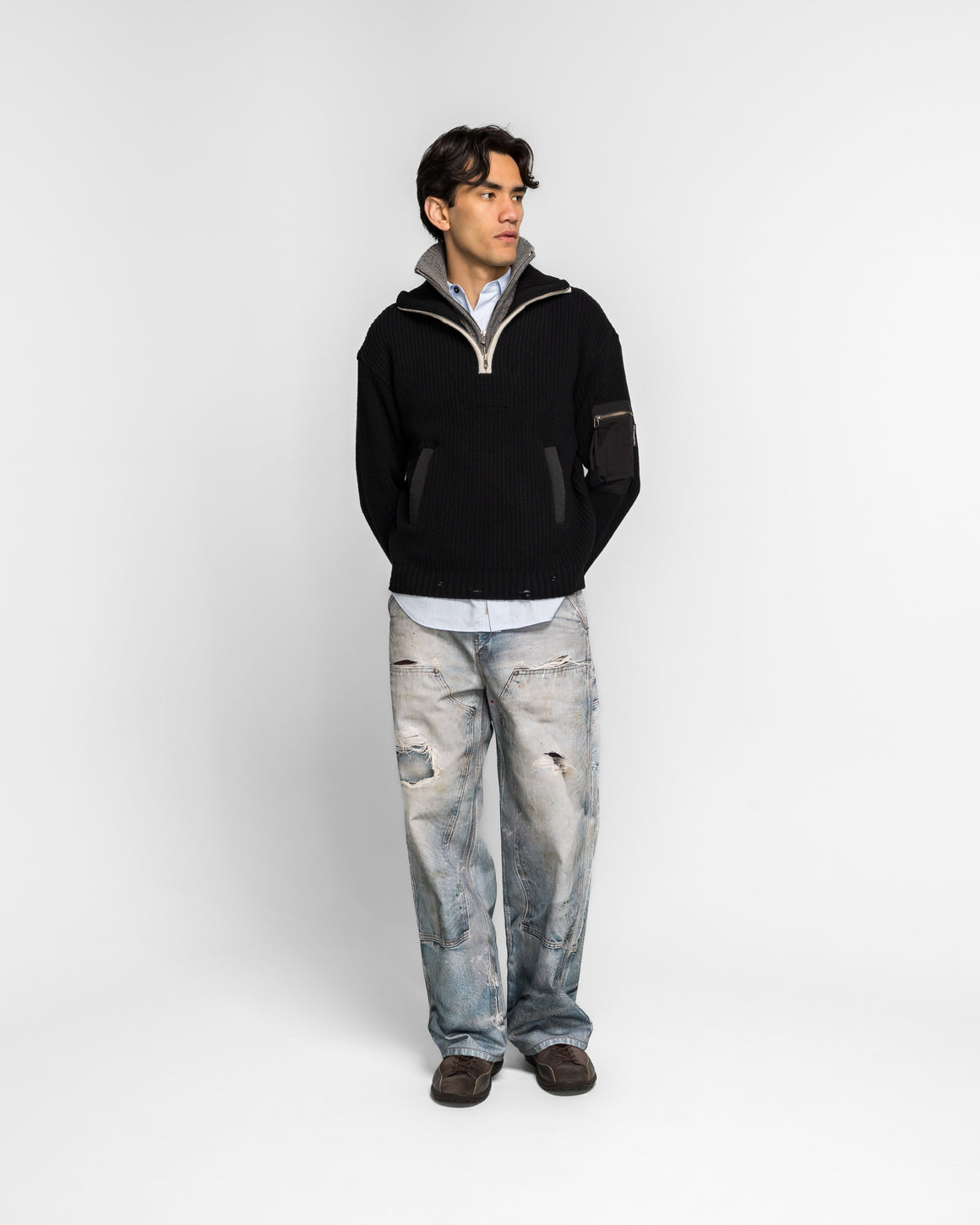 Andersson Bell - Double Layered Quarter Zip-Up Sweater - Black/Grey - UP THERE