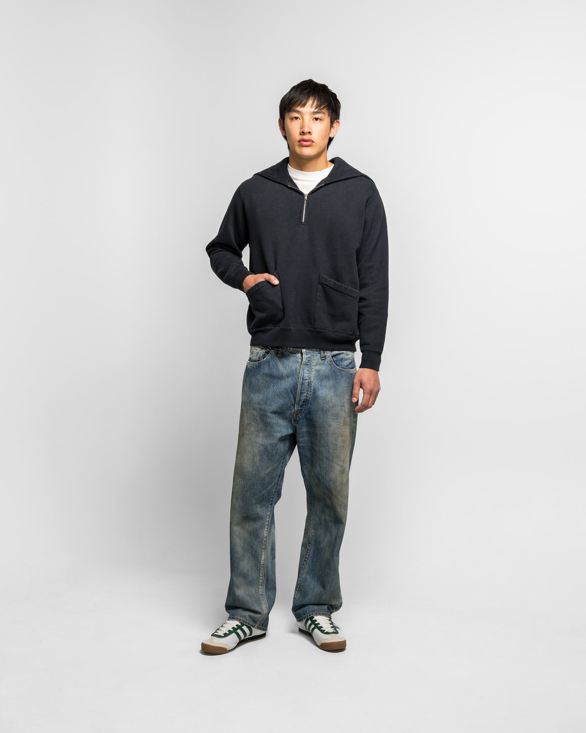 A.PRESSE - Vintage Sailor Hood Half Zip Sweatshirt - Black | UP THERE