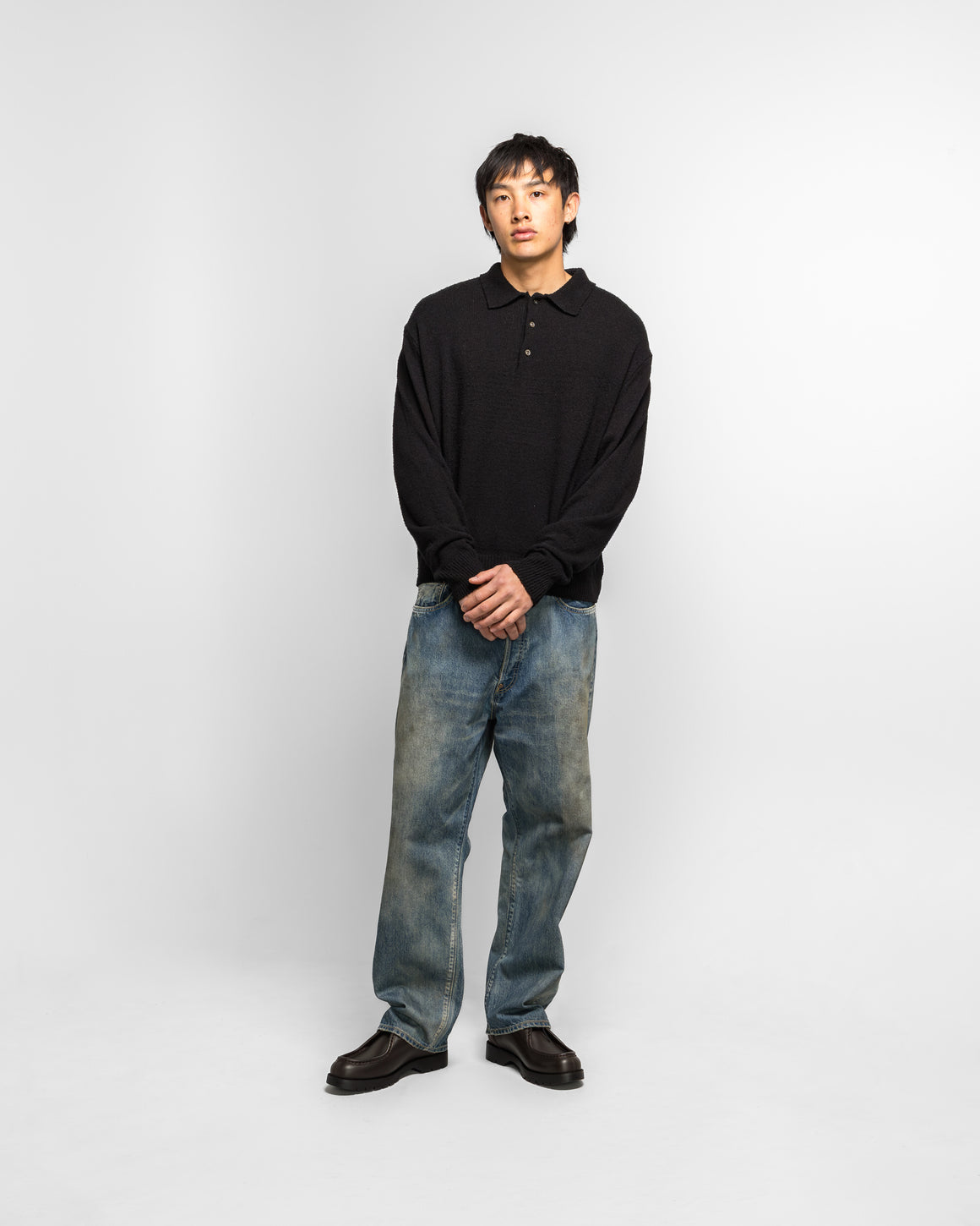 A.PRESSE - Washed Silk Nep Polo Shirt - Black - UP THERE