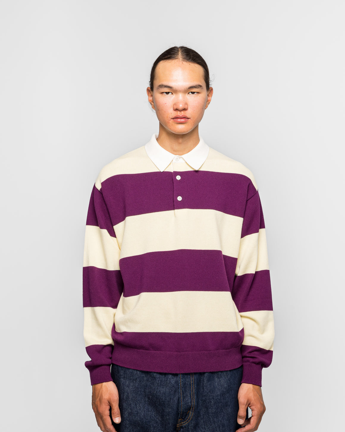 Beams - 7 Gauge Stripe Knit Rugby Shirt - Purple - UP THERE