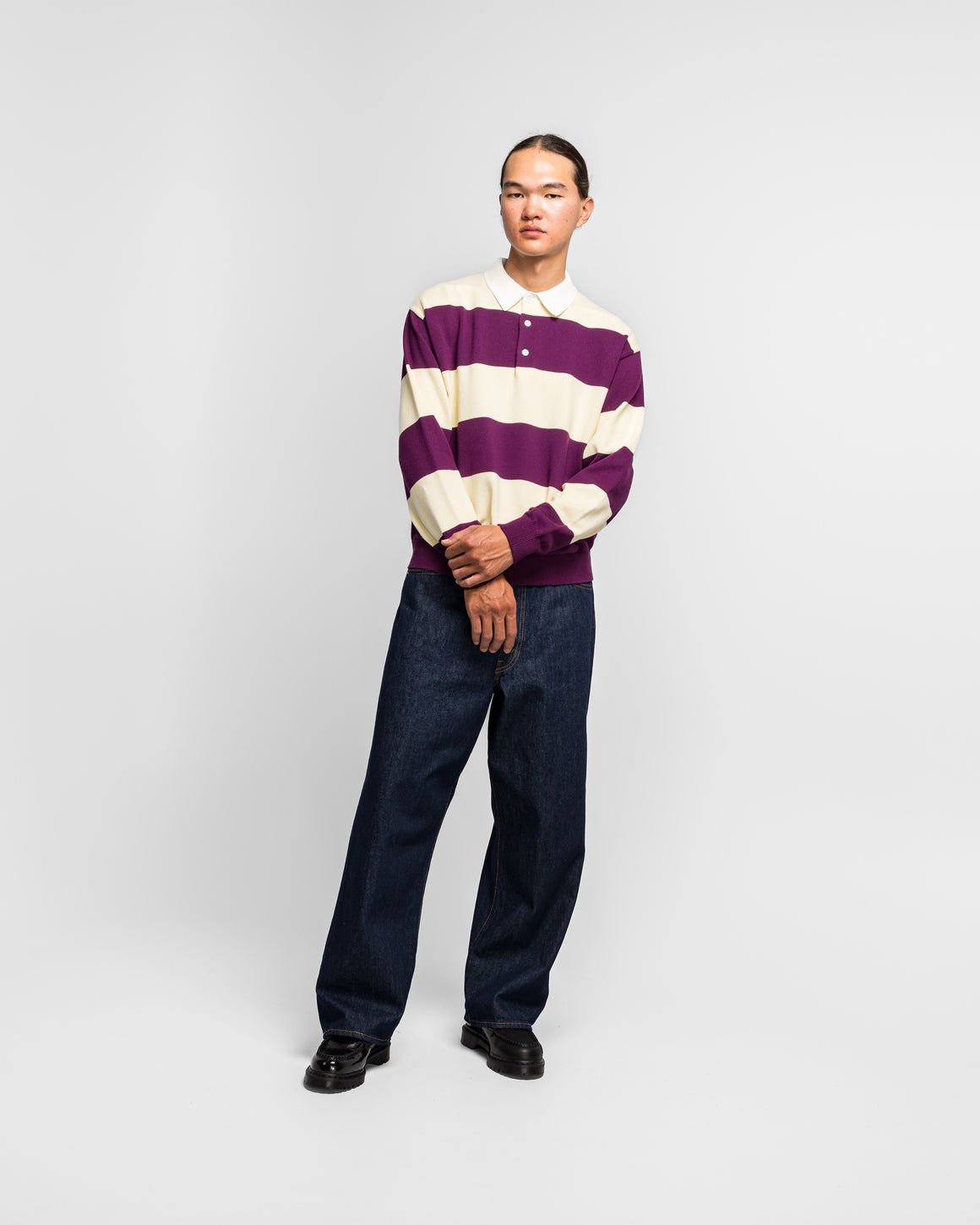 Beams - 7 Gauge Stripe Knit Rugby Shirt - Purple - UP THERE