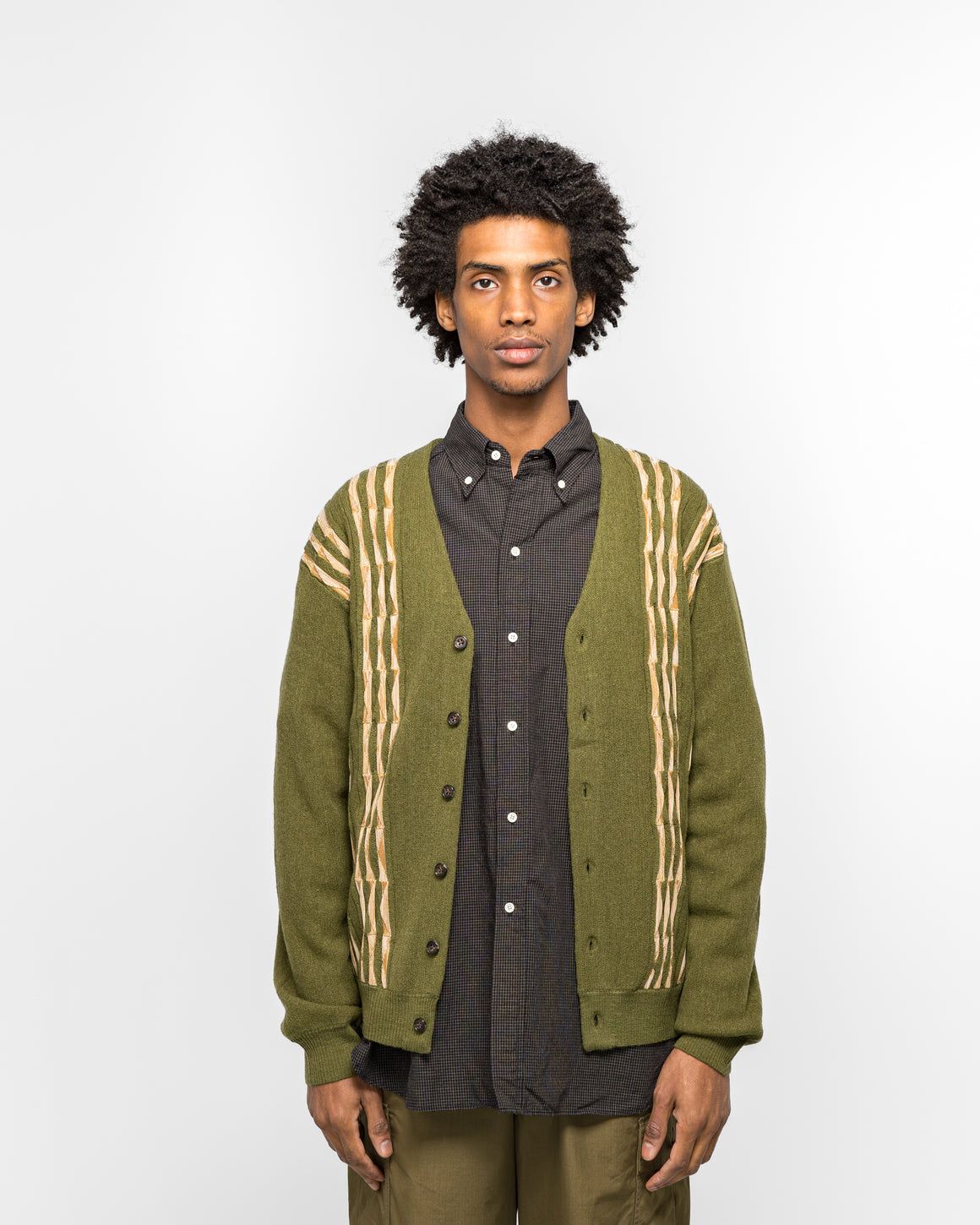 Beams Plus - Cardigan Born Stripe 14G - Olive - UP THERE