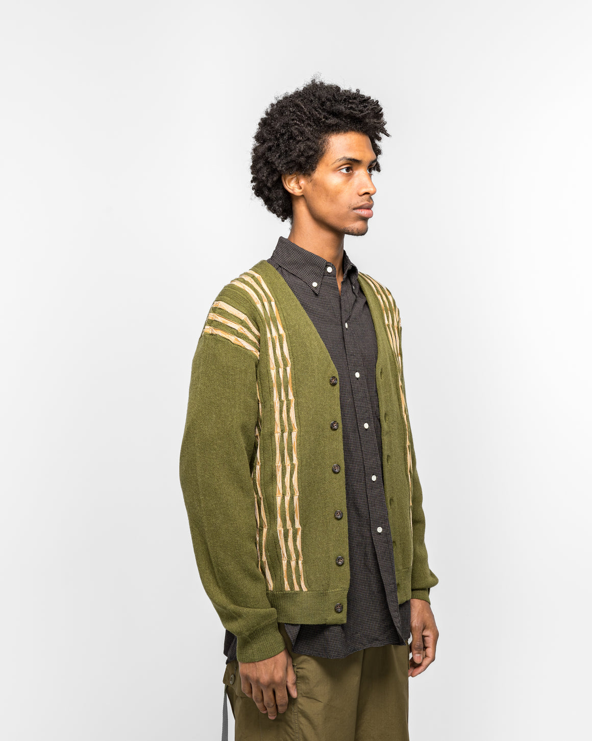 Beams Plus - Cardigan Born Stripe 14G - Olive - UP THERE