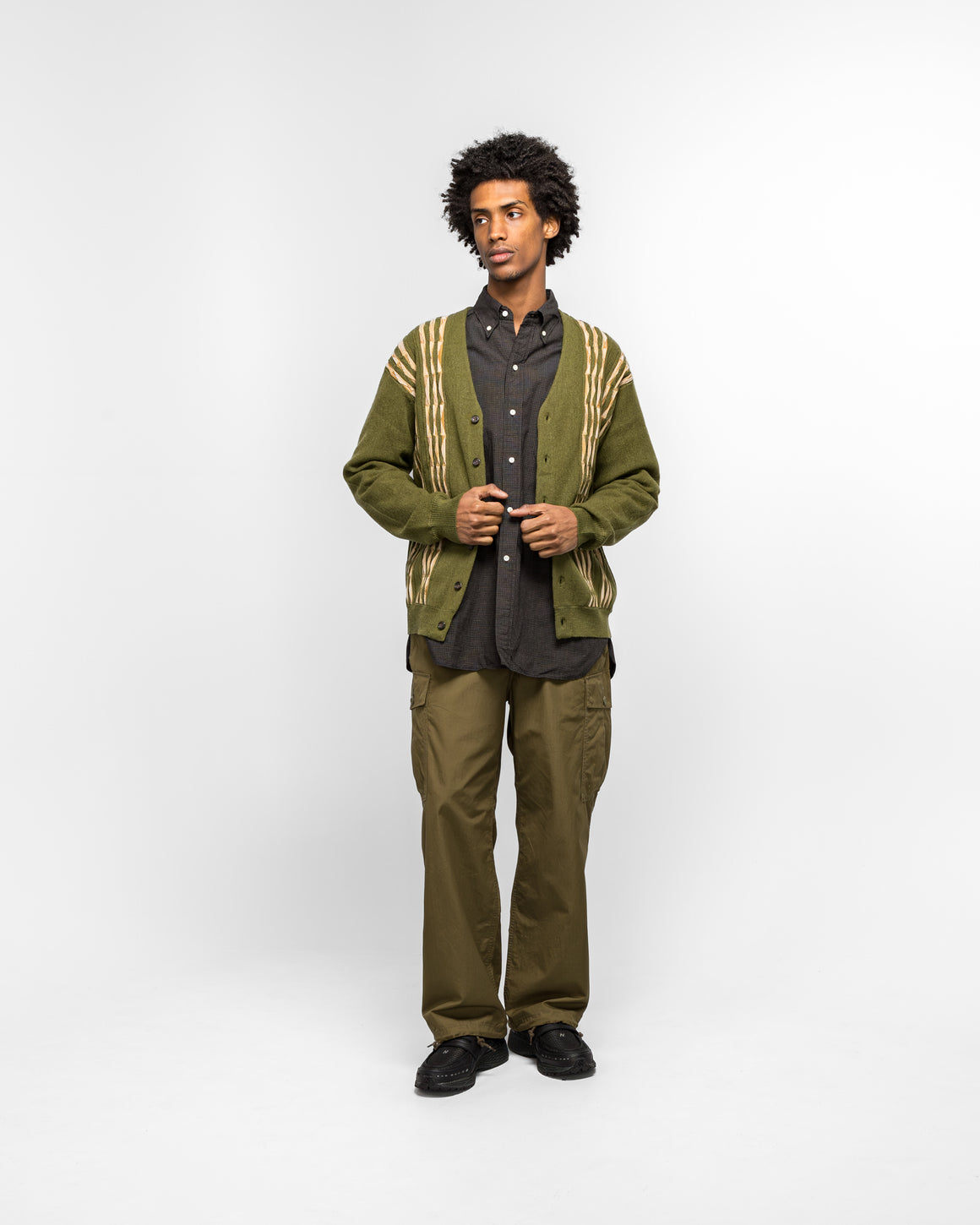 Beams Plus - Cardigan Born Stripe 14G - Olive - UP THERE
