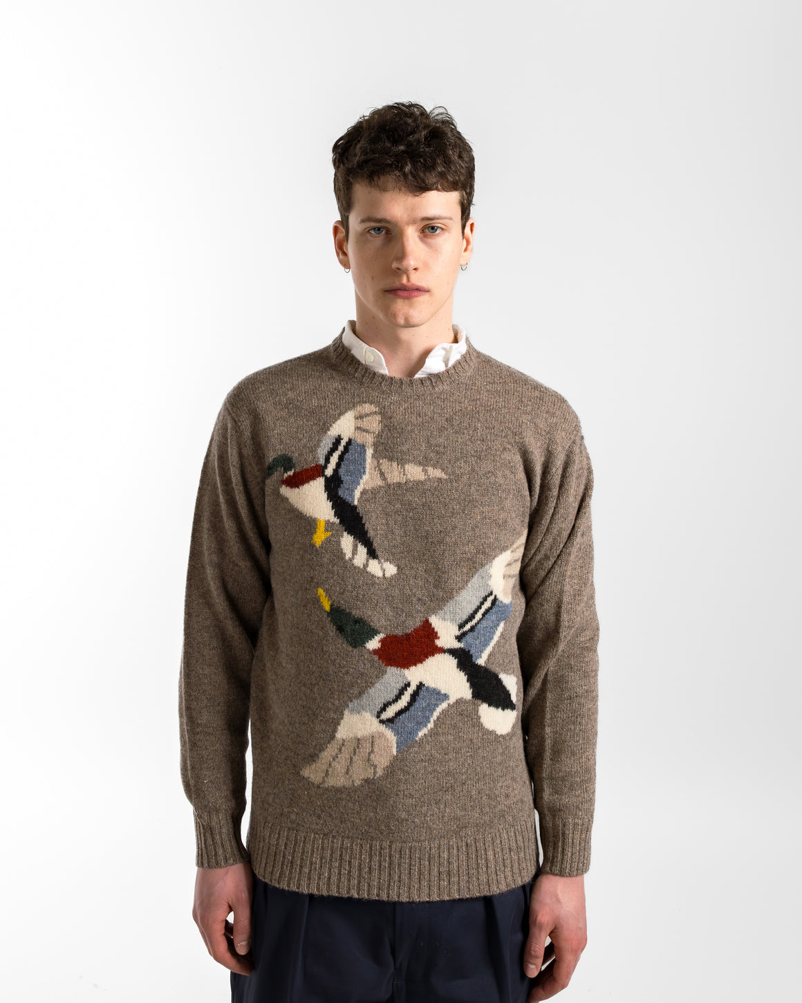 Beams Plus - Crew Intarsia Duck Pattern - Beige - UP THERE