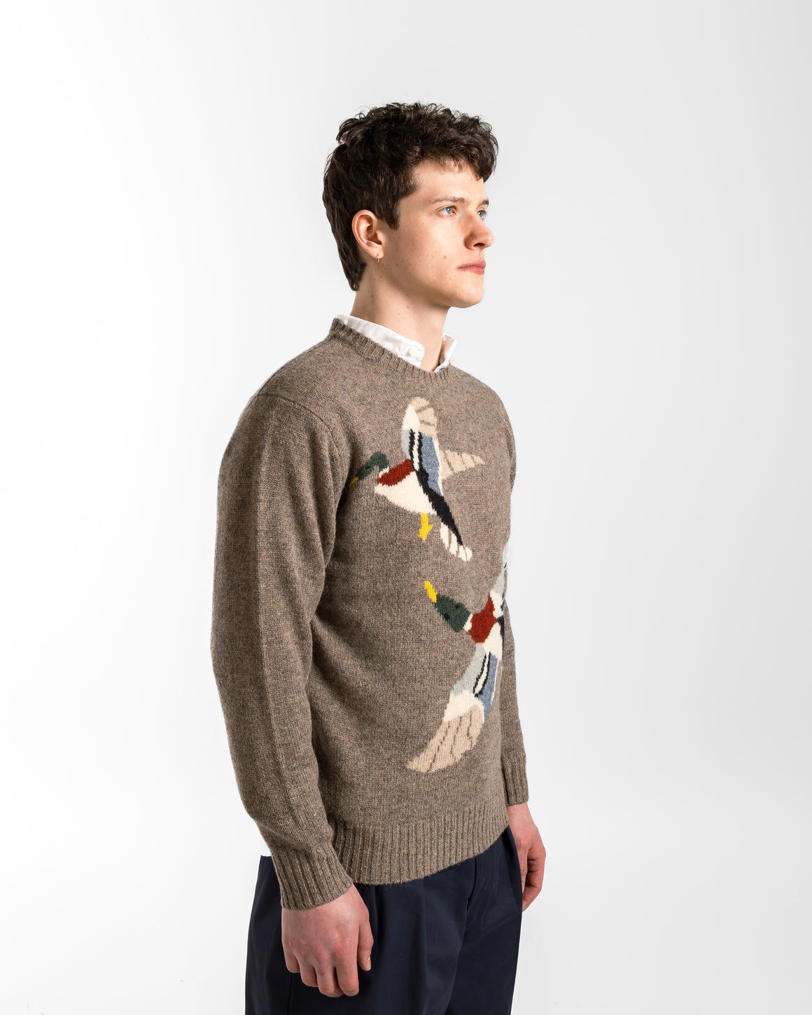 Beams Plus - Crew Intarsia Duck Pattern - Beige - UP THERE