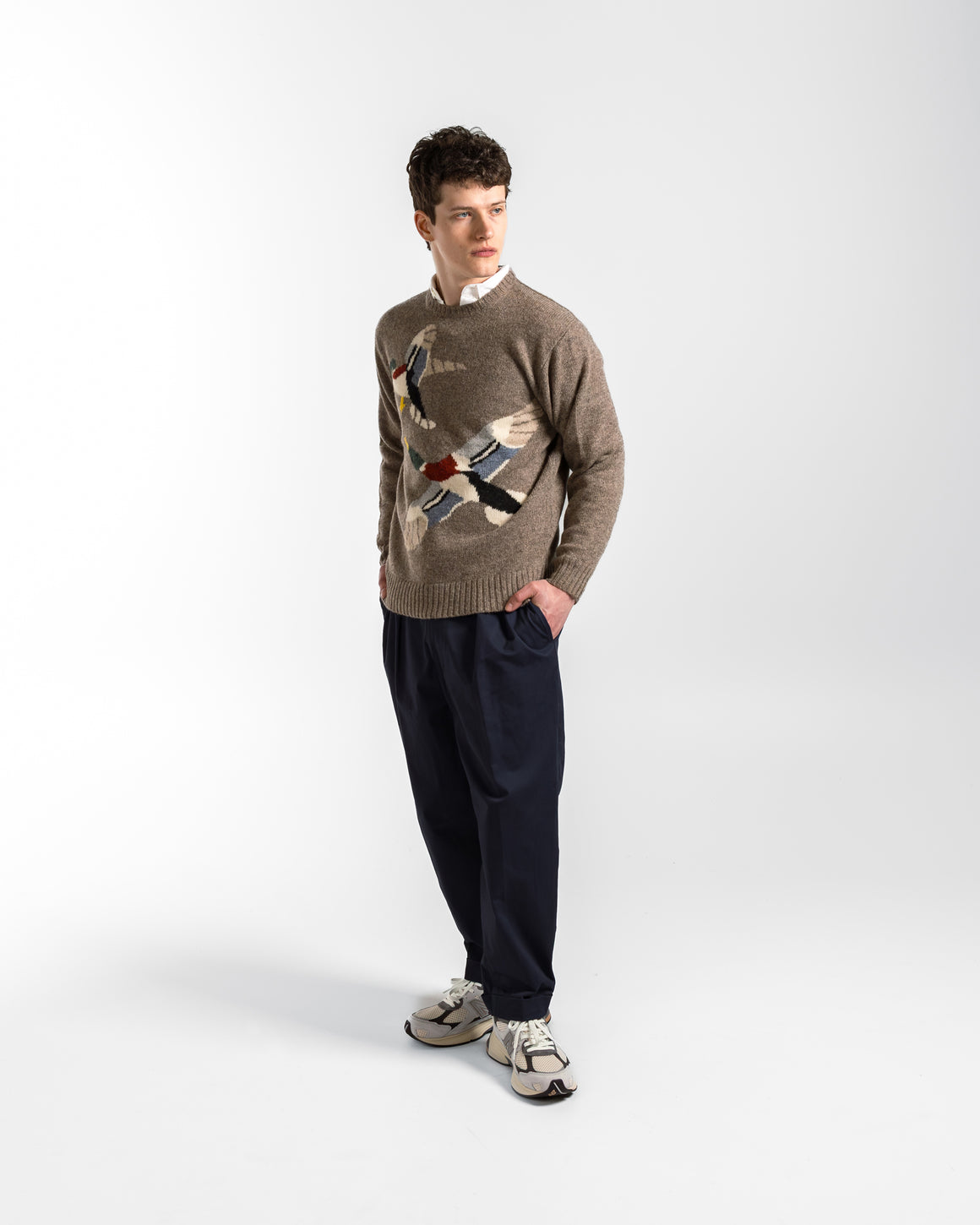 Beams Plus - Crew Intarsia Duck Pattern - Beige - UP THERE