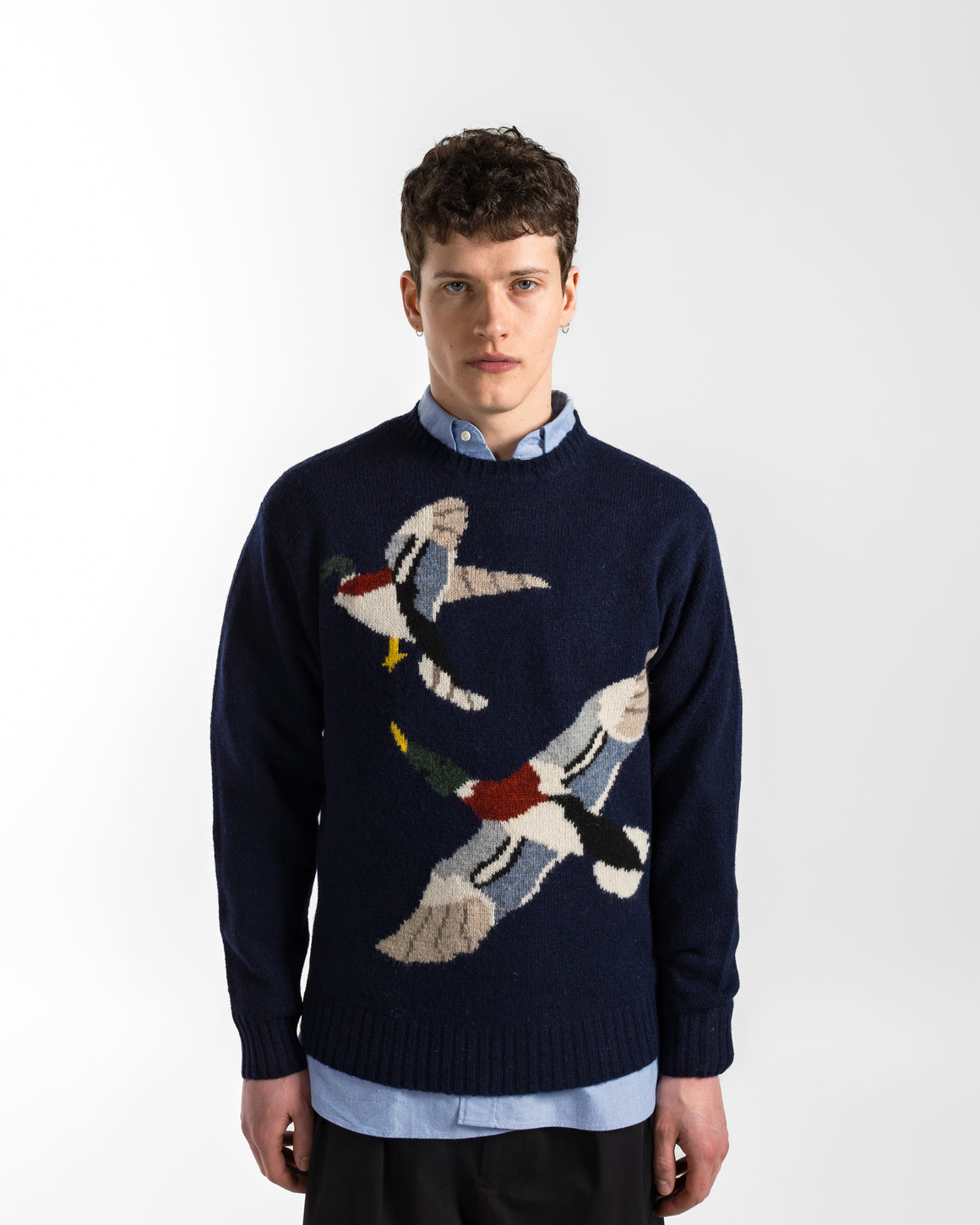 Beams Plus - Crew Intarsia Duck Pattern - Navy - UP THERE