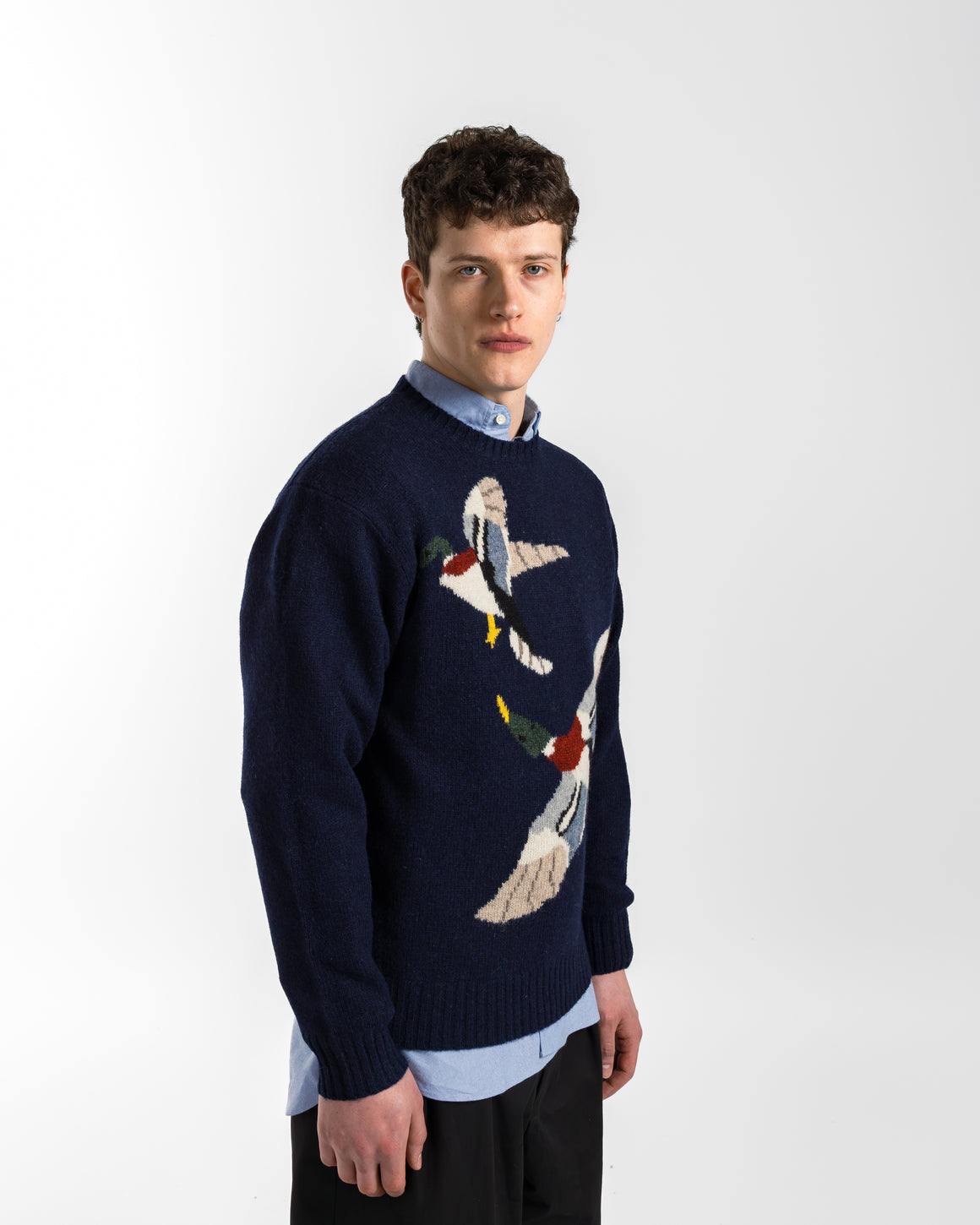 Beams Plus - Crew Intarsia Duck Pattern - Navy - UP THERE