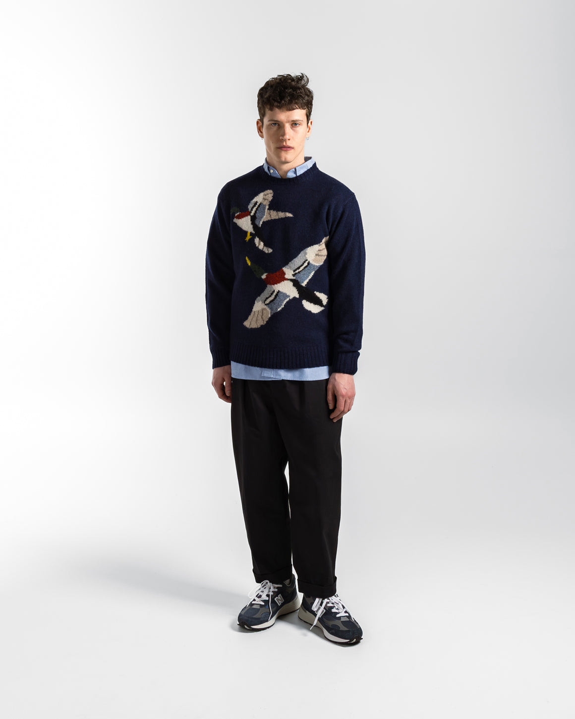 Beams Plus - Crew Intarsia Duck Pattern - Navy - UP THERE