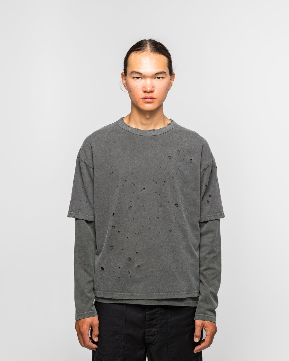 Beams - Layered Damage Long Sleeve T-Shirt - Black - UP THERE