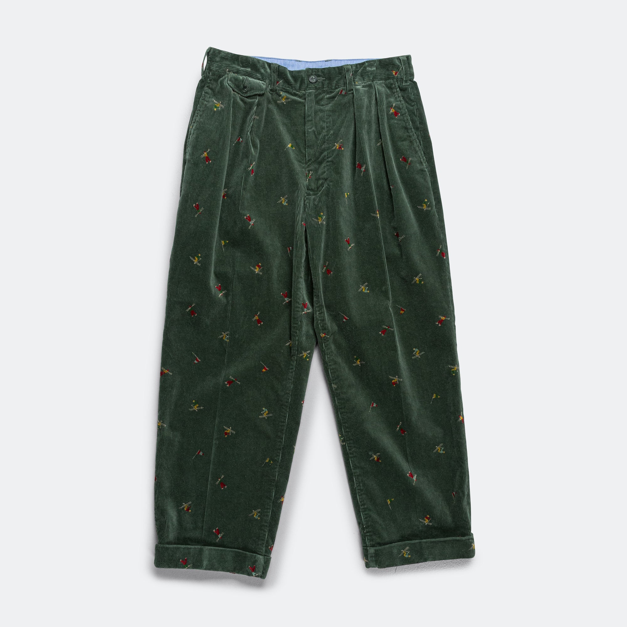 Beams Plus 2 Pleats Trousers Corduroy Embroidery Skier - Green Beams Plus 2 Pleats Trousers Corduroy Embroidery Skier - Green