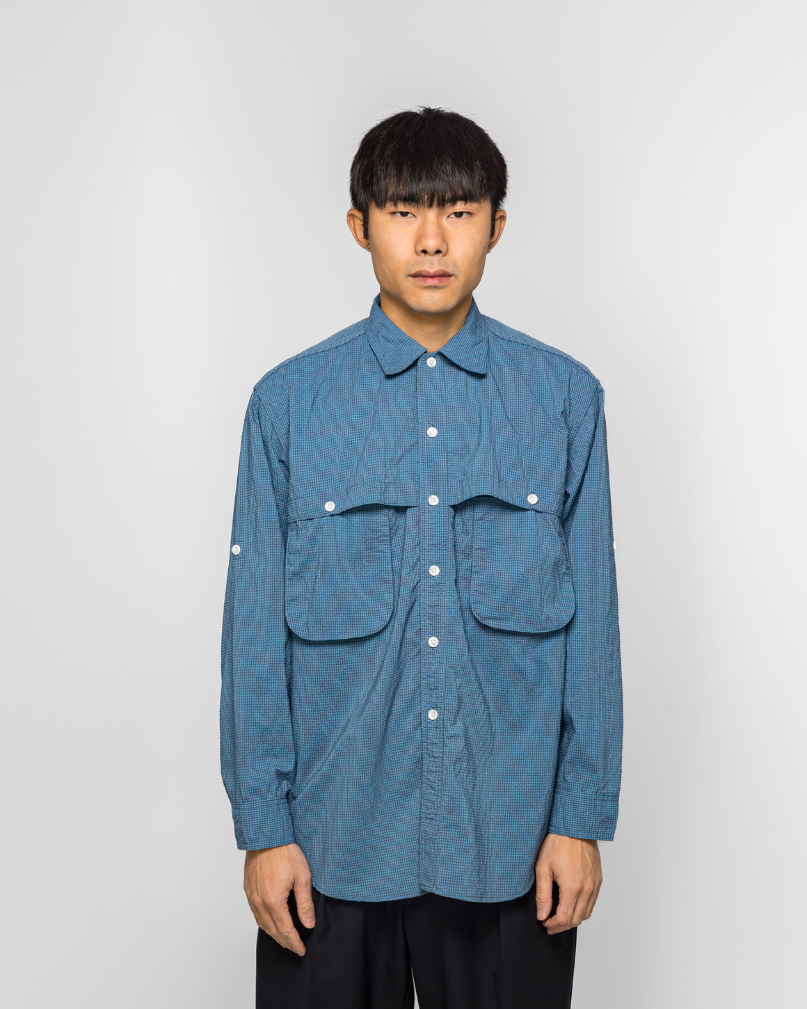 Beams Plus - Adventure Shirt IV Seersucker Gingham - Blue/Sax - UP THERE