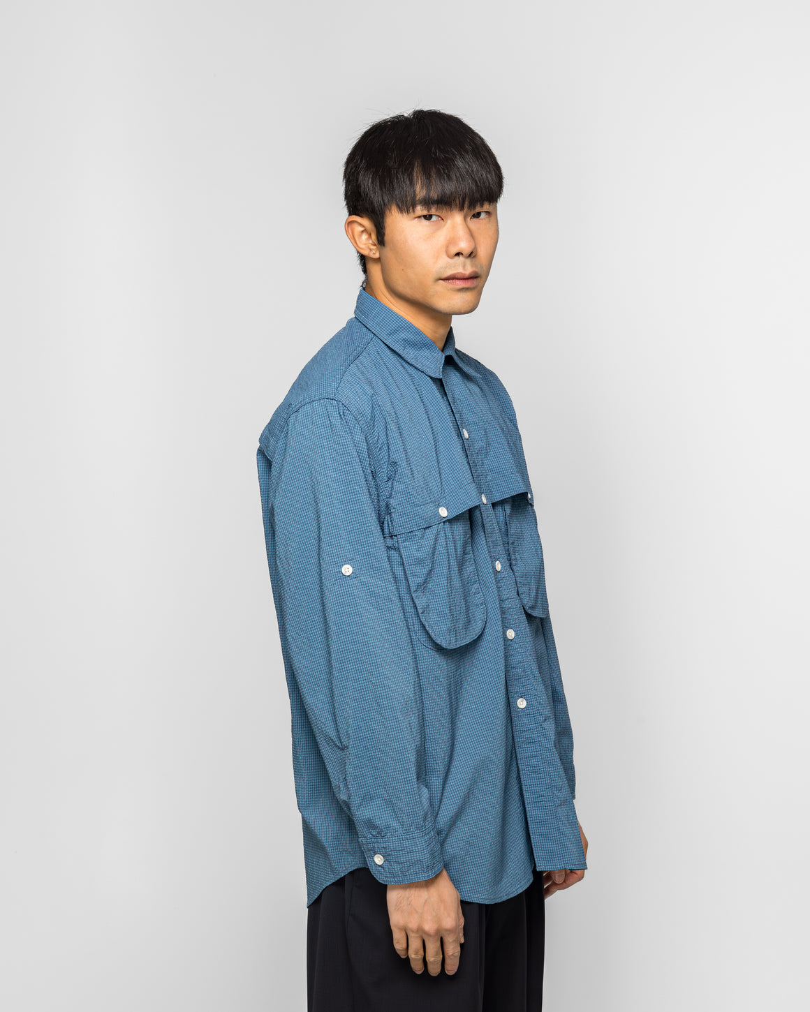 Beams Plus - Adventure Shirt IV Seersucker Gingham - Blue/Sax - UP THERE