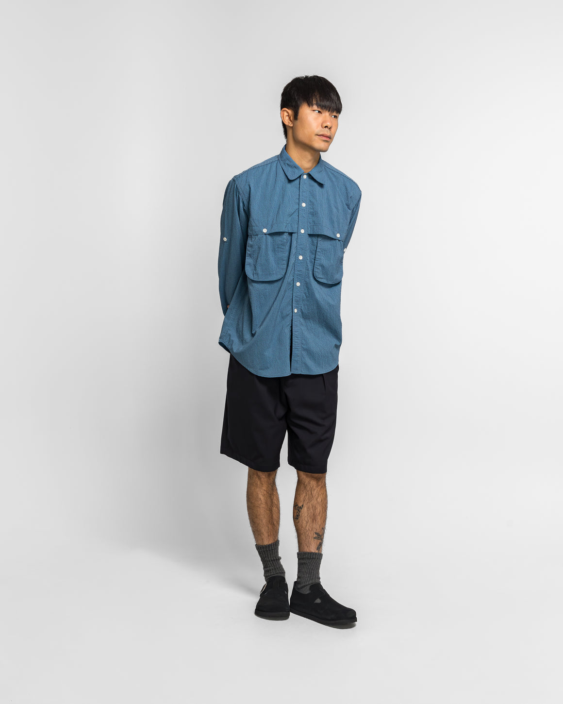 Beams Plus - Adventure Shirt IV Seersucker Gingham - Blue/Sax - UP THERE