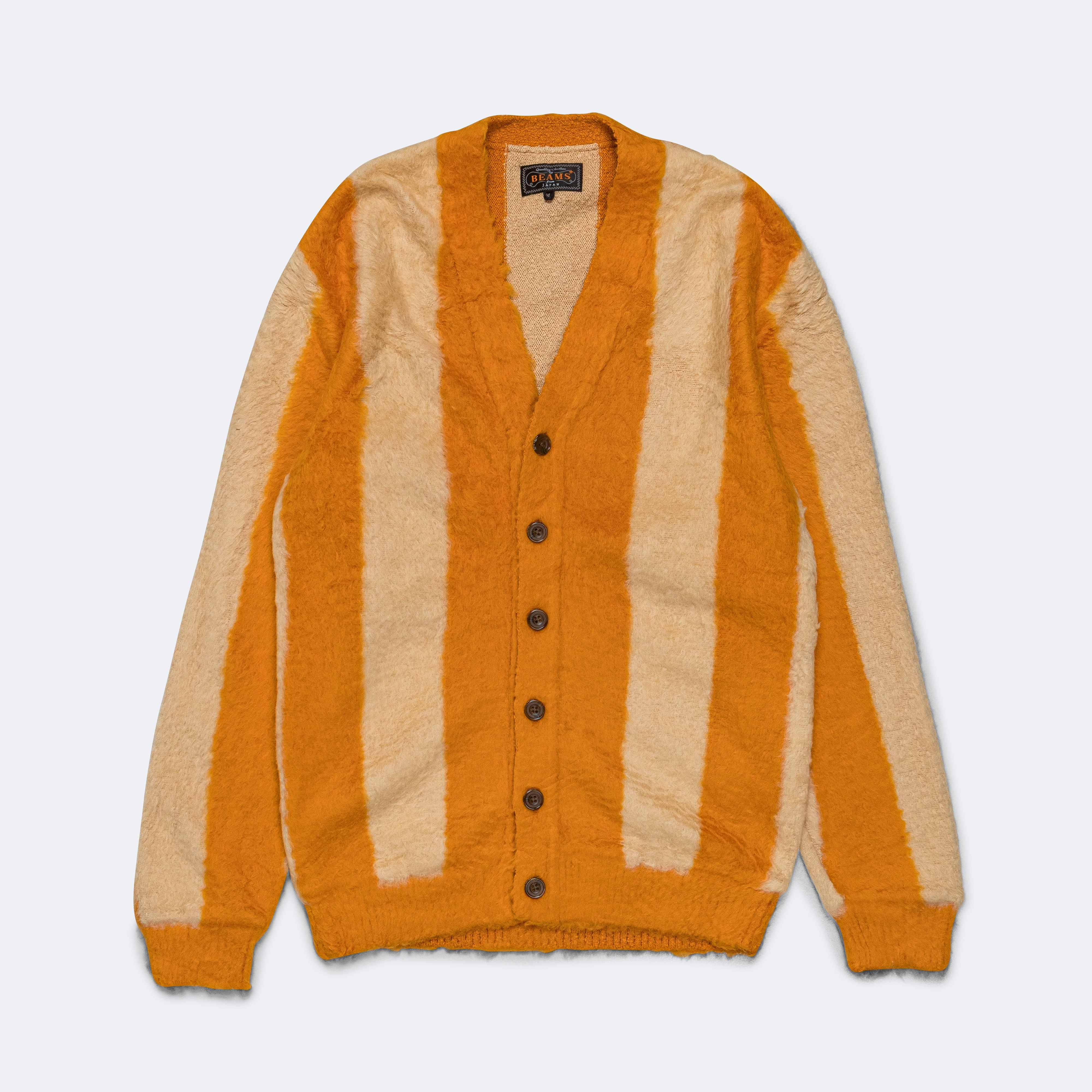 BEAMS Plus Cardigan   Mustard Stripe Shaggy Cotton   UP THERE