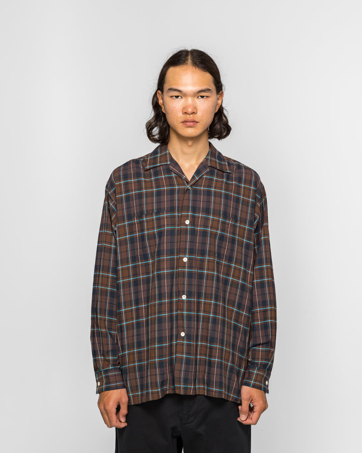 Beams Plus - Open Collar Madras - Brown - UP THERE