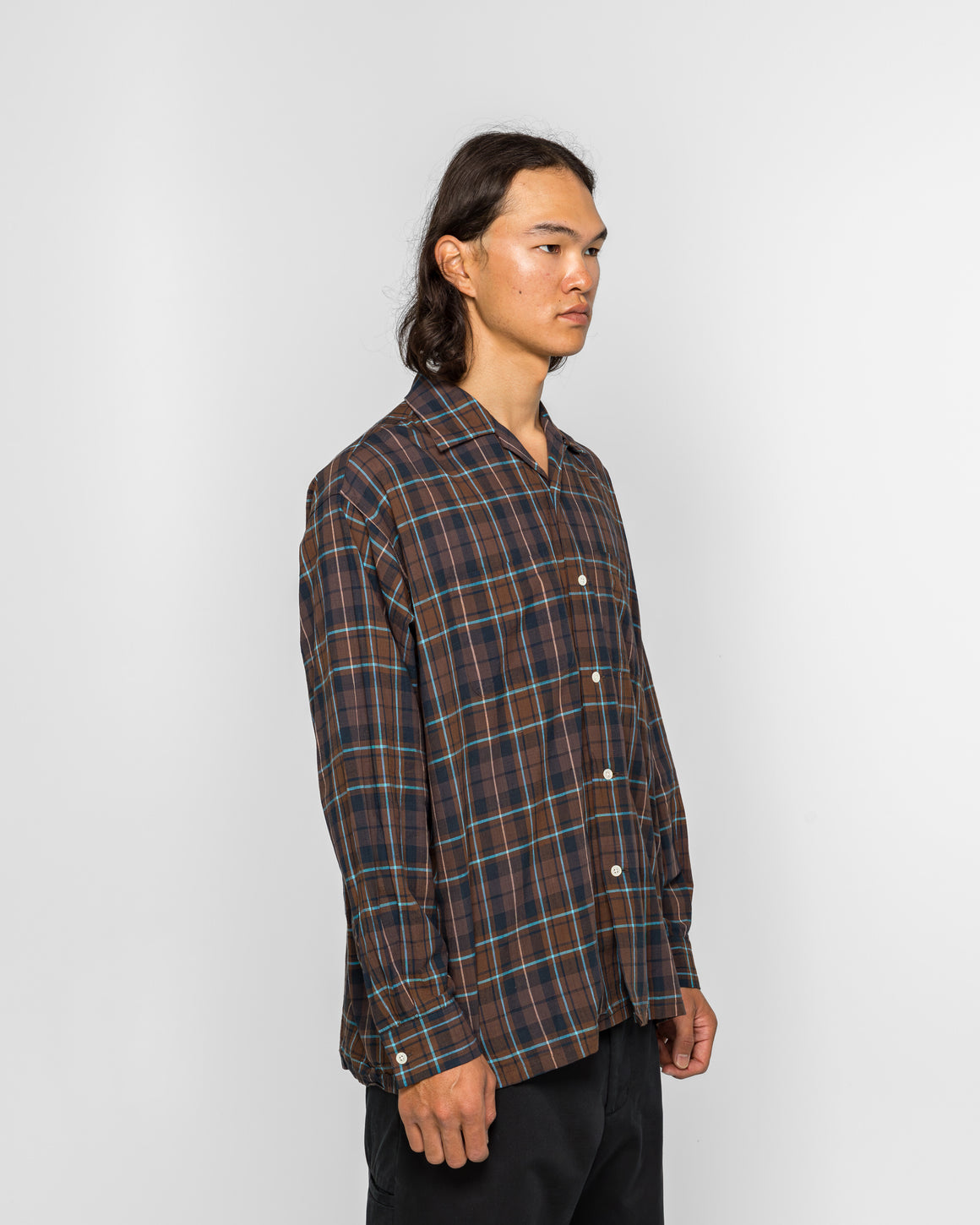 Beams Plus - Open Collar Madras - Brown - UP THERE