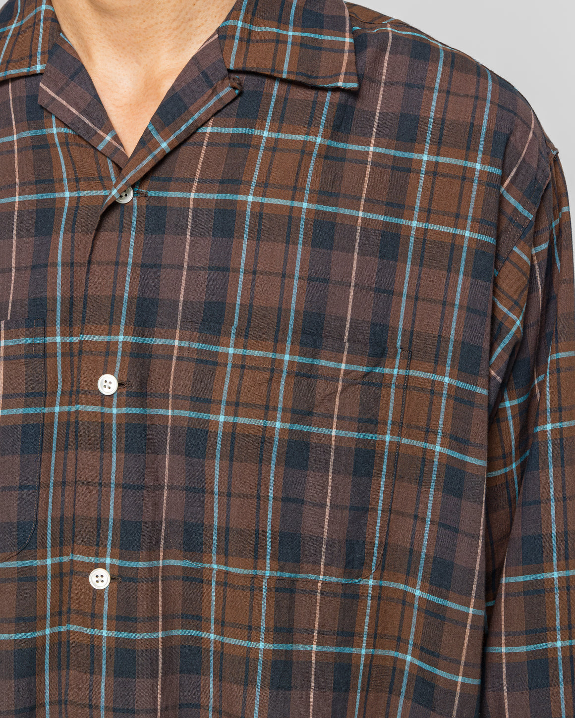 Beams Plus - Open Collar Madras - Brown - UP THERE