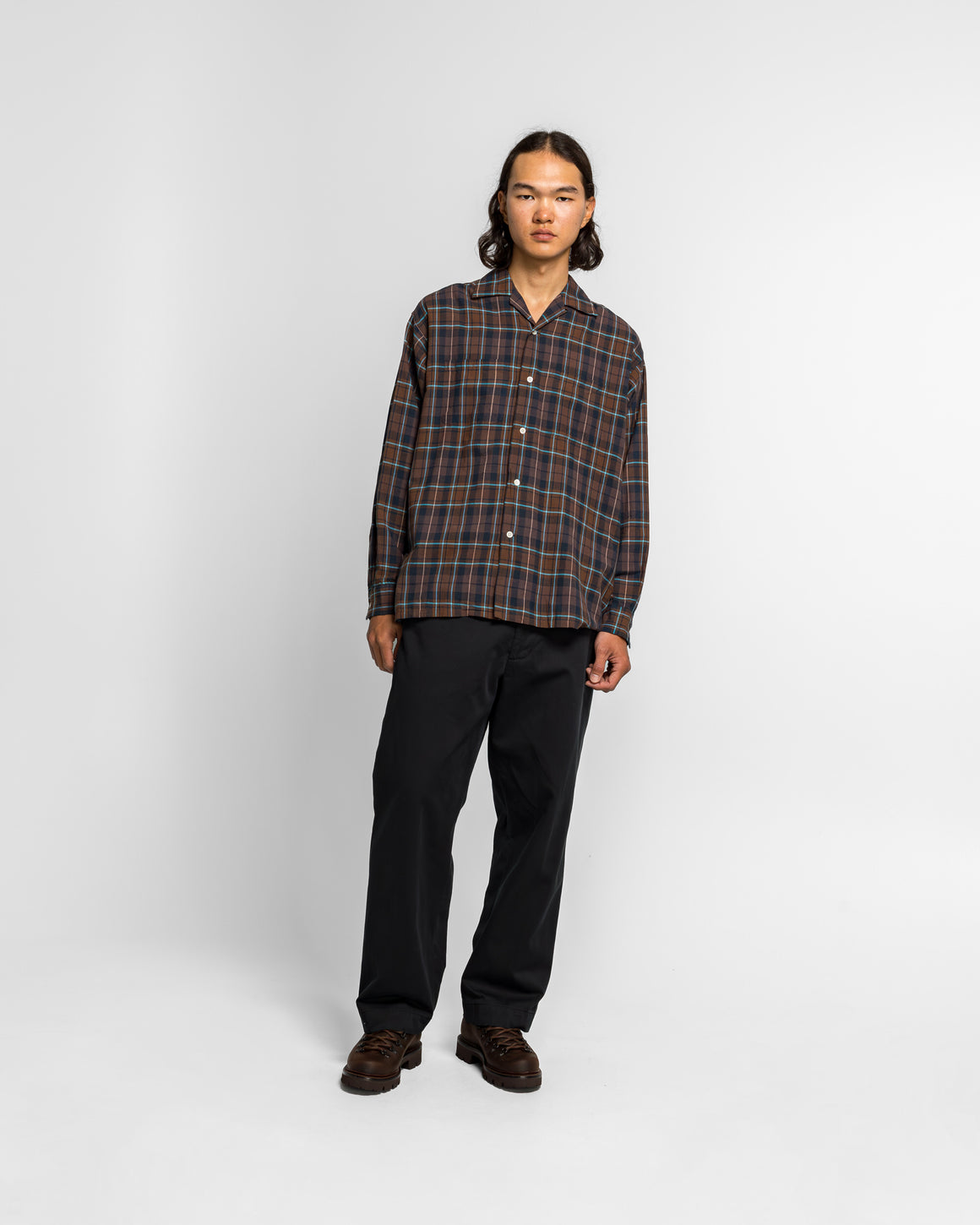 Beams Plus - Open Collar Madras - Brown - UP THERE