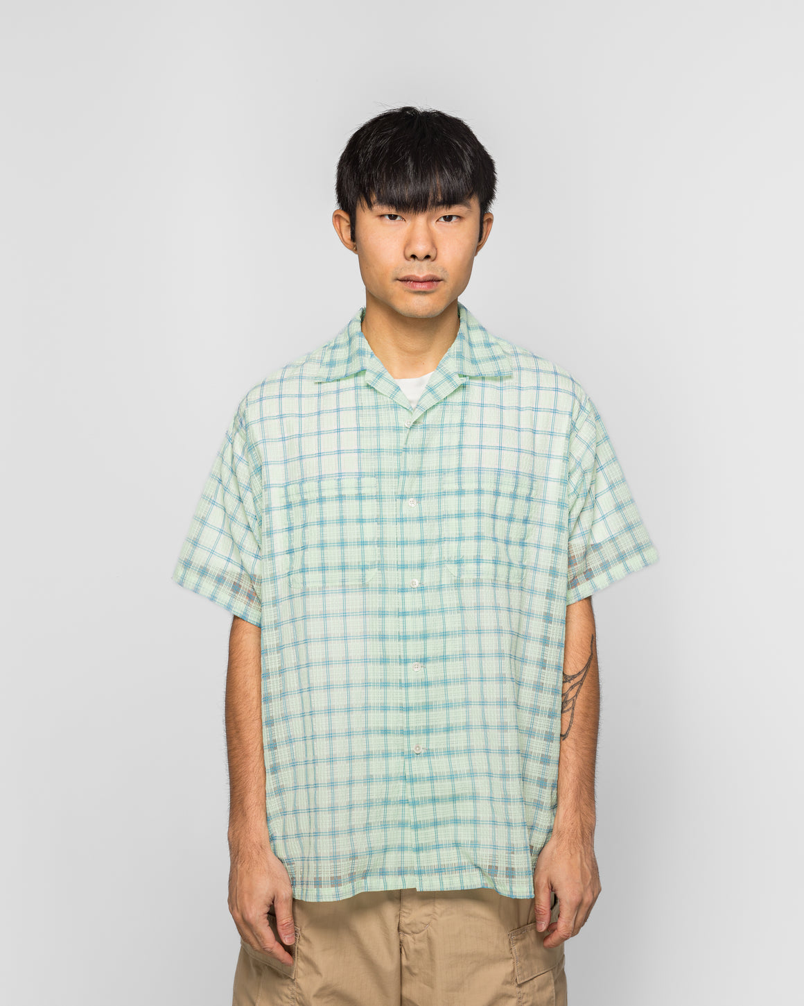 Beams Plus - Open Collar Nylon Airy Plaid - Mint Green - UP THERE