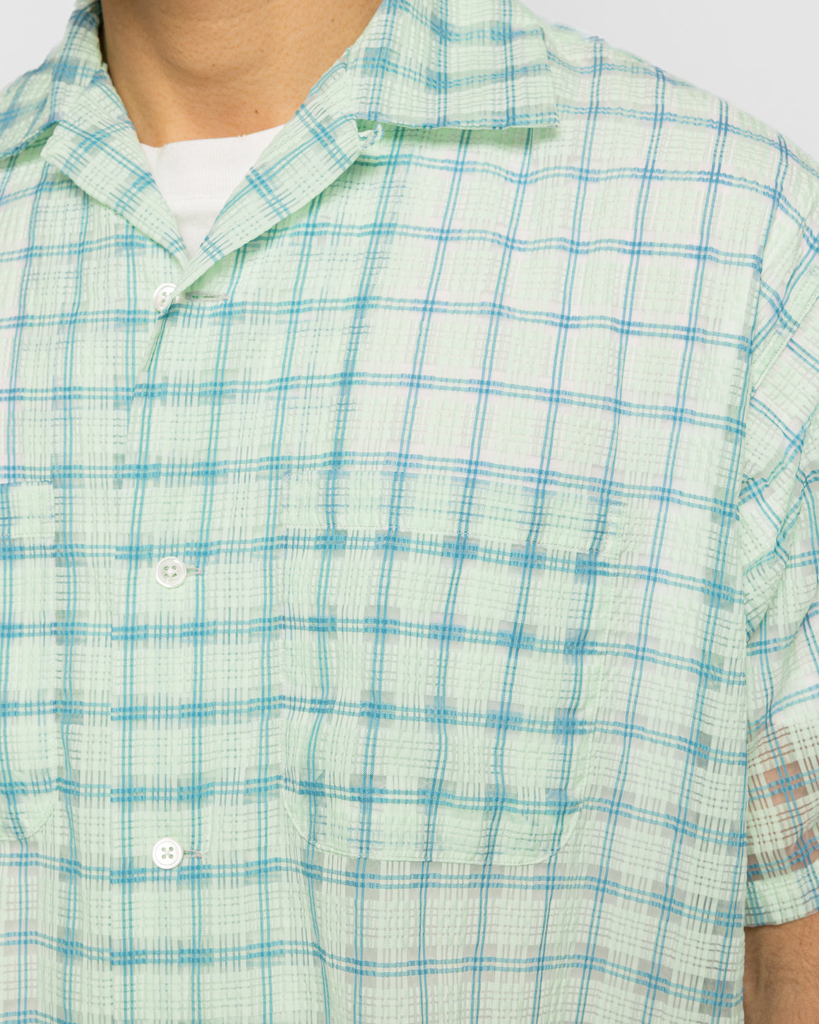 Beams Plus - Open Collar Nylon Airy Plaid - Mint Green - UP THERE