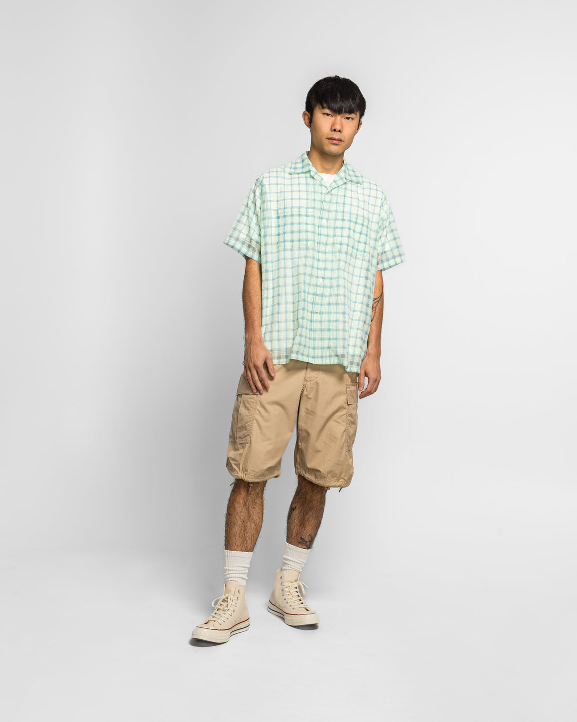 Beams Plus - Open Collar Nylon Airy Plaid - Mint Green - UP THERE