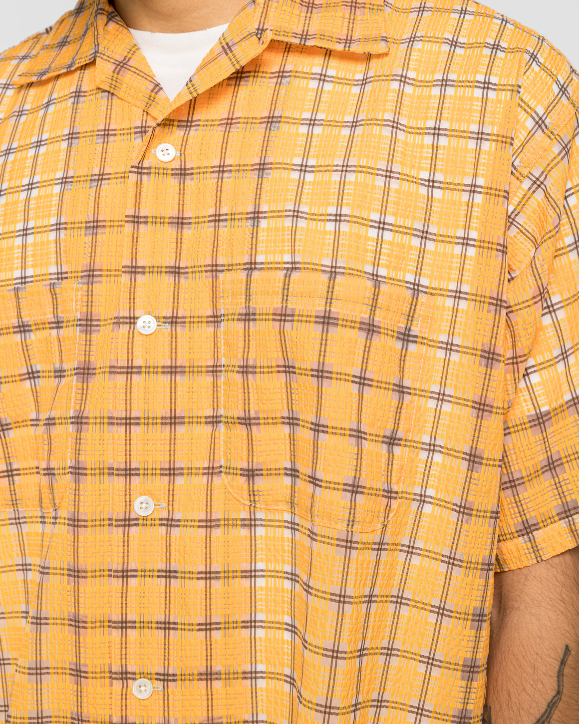 Beams Plus - Open Collar Nylon Airy Plaid - Orange - UP THERE
