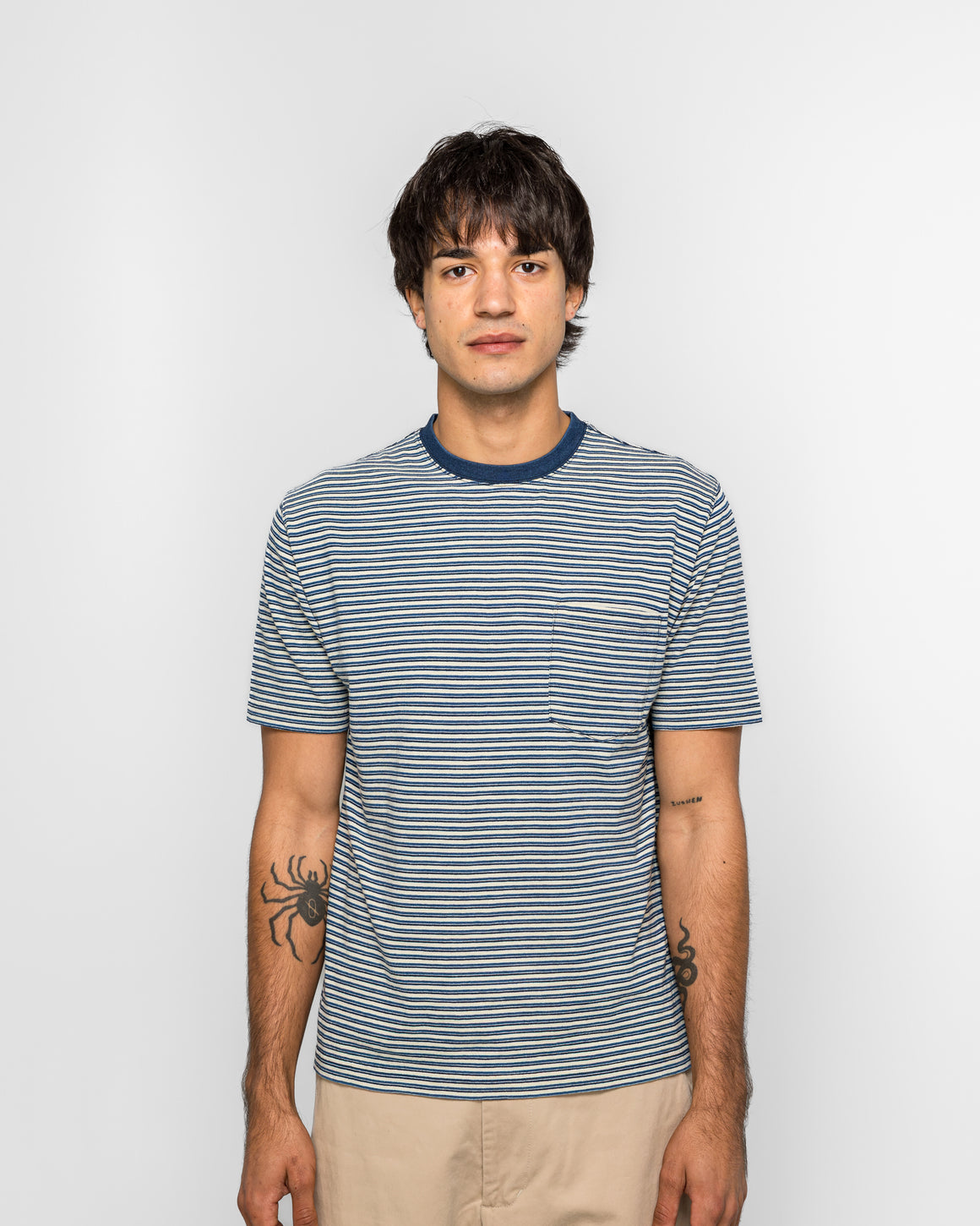 Beams Plus - Pocket Tee Indigo Stripe - Off White - UP THERE