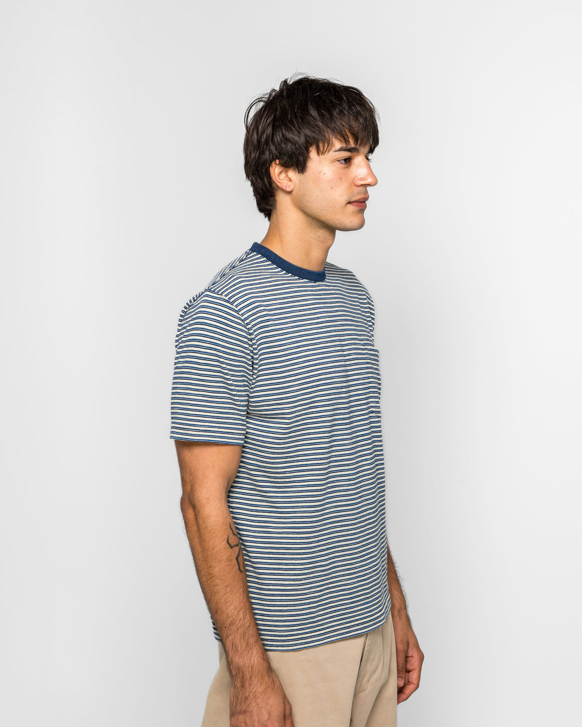 Beams Plus - Pocket Tee Indigo Stripe - Off White - UP THERE