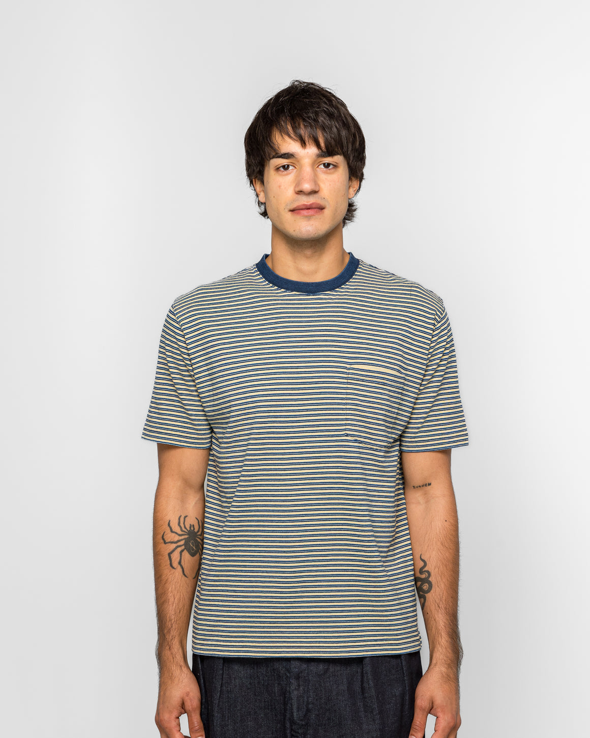 Beams Plus - Pocket Tee Indigo Stripe - Yellow - UP THERE