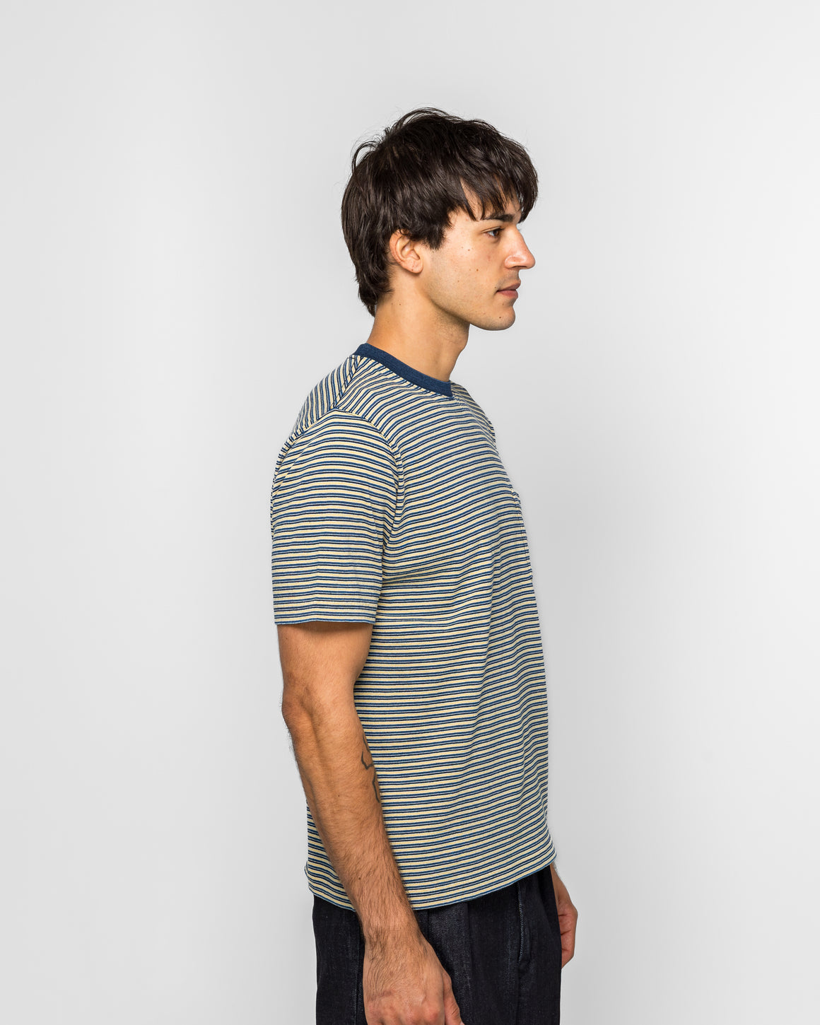 Beams Plus - Pocket Tee Indigo Stripe - Yellow - UP THERE