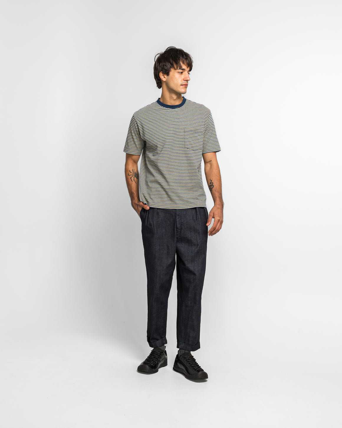 Beams Plus - Pocket Tee Indigo Stripe - Yellow - UP THERE