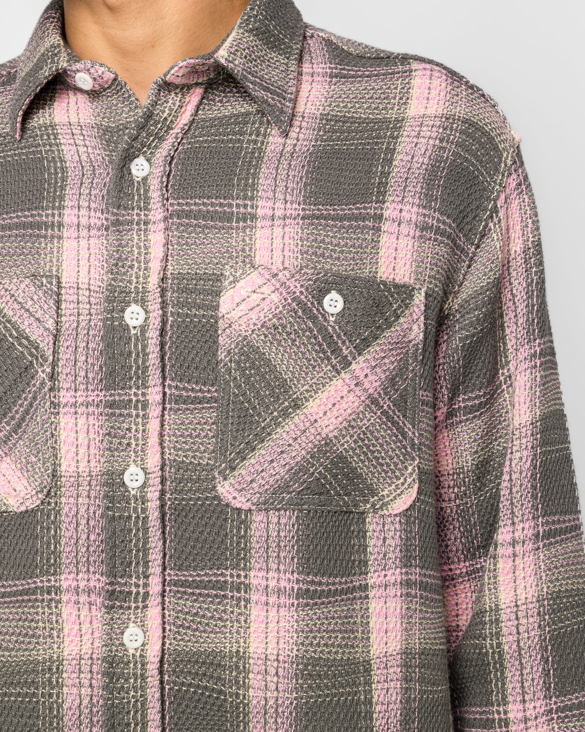 Beams Plus - WORK Waffle Plaid - Pink - UP THERE