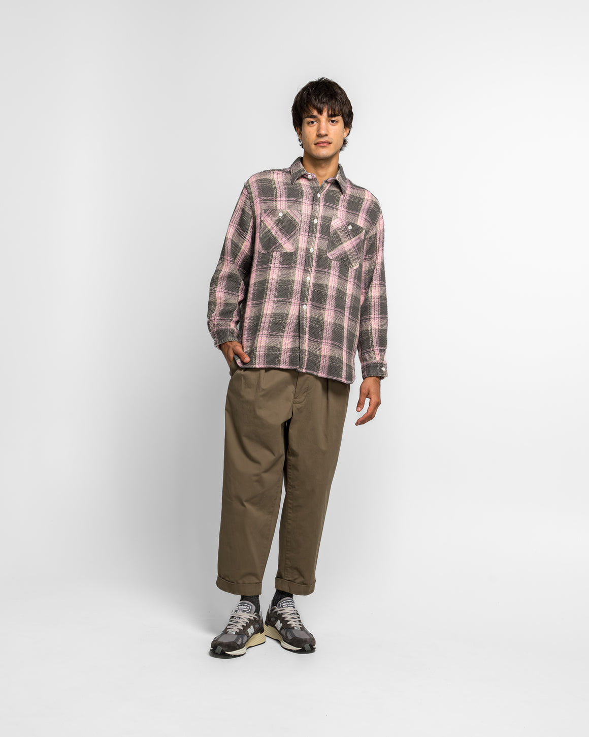 Beams Plus - WORK Waffle Plaid - Pink - UP THERE