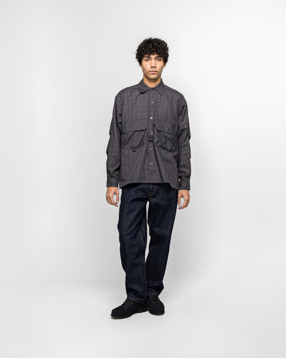 Daiwa Pier39 - Tech Sports Open Collar Shirt L/S - Nova Check Charcoal Grey - UP THERE