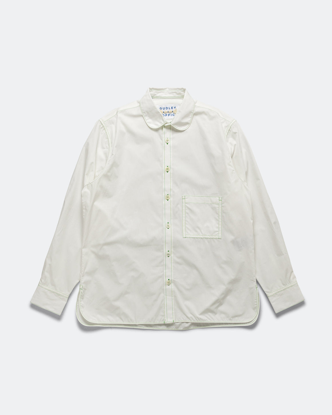 Dudley Coppice - The Gardeners Shirt - Hydrangea White Poplin Green Stitching - UP THERE