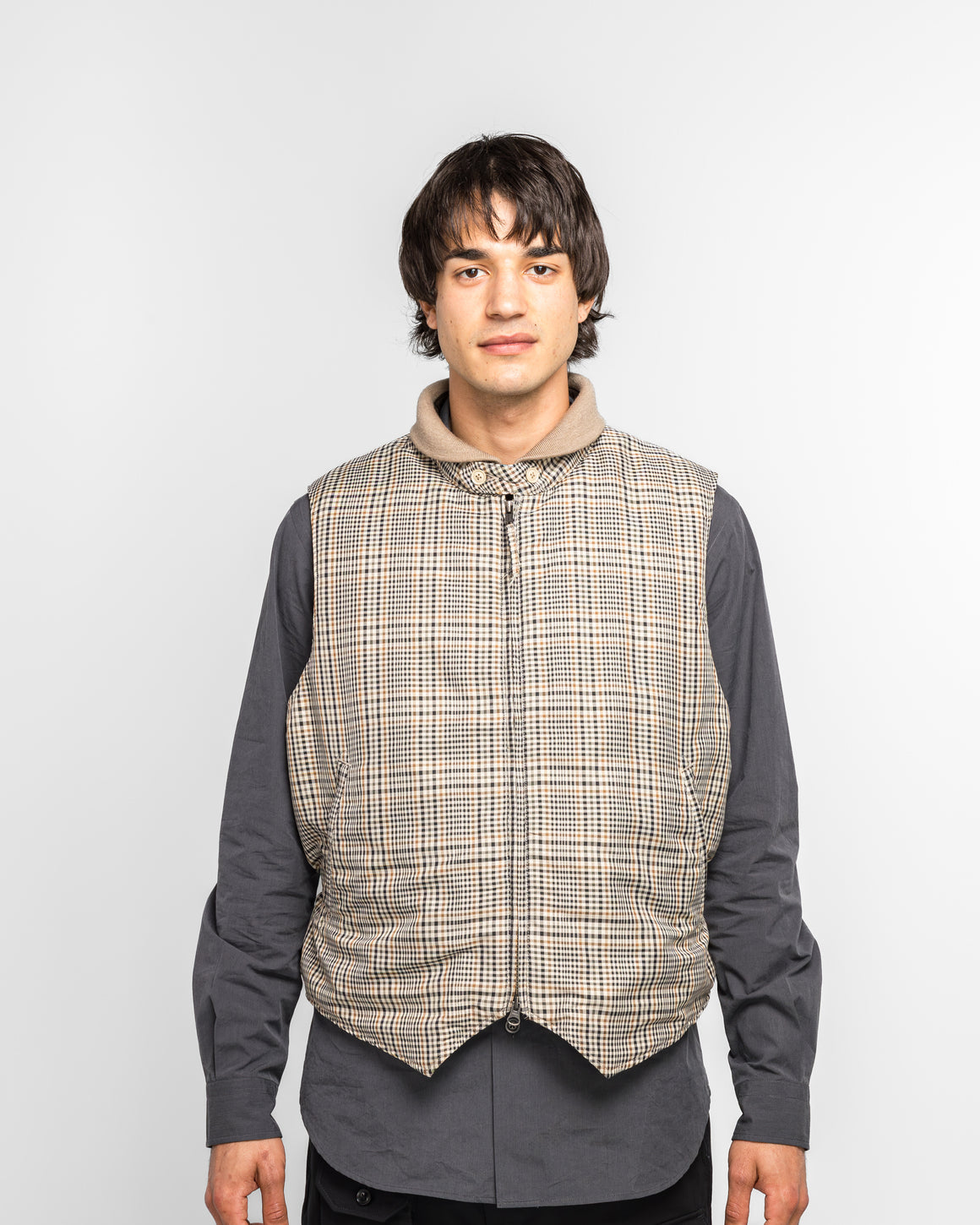 Engineered Garments - LL Vest - Khaki Plaid Polyester Cloth - UP THERE